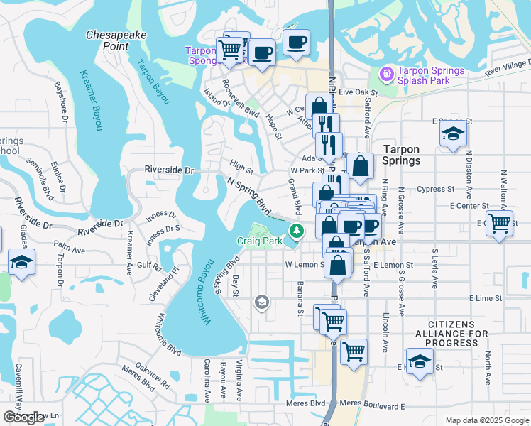 map of restaurants, bars, coffee shops, grocery stores, and more near in Tarpon Springs