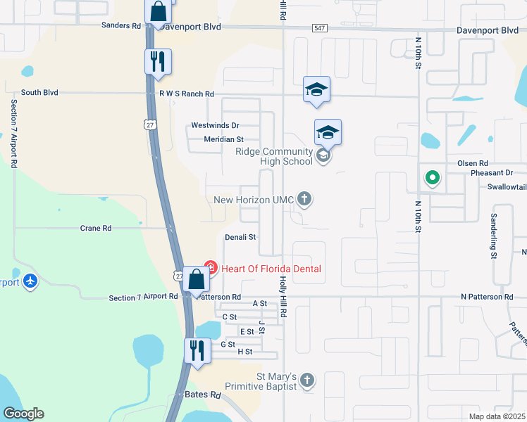 map of restaurants, bars, coffee shops, grocery stores, and more near 504 Tortugas Street in Haines City