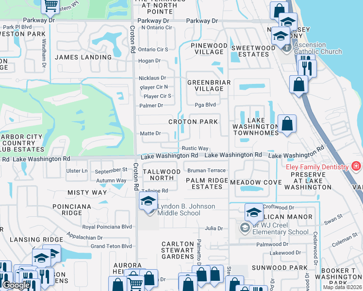 map of restaurants, bars, coffee shops, grocery stores, and more near 1659 Rustic Way in Melbourne