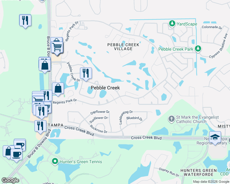 map of restaurants, bars, coffee shops, grocery stores, and more near 9239 Pebble Creek Drive in Tampa