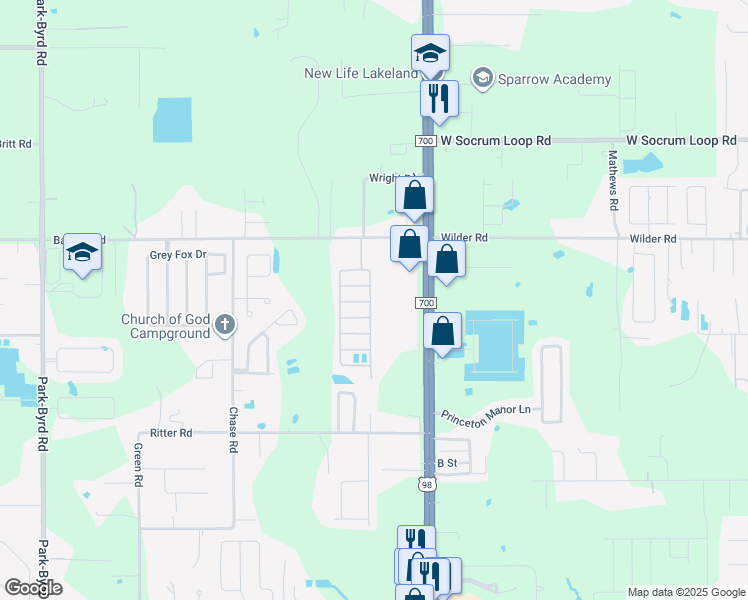 map of restaurants, bars, coffee shops, grocery stores, and more near 18 Leroy Drive East in Lakeland
