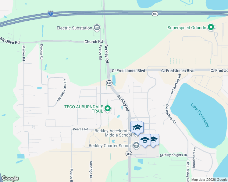 map of restaurants, bars, coffee shops, grocery stores, and more near 5681 Berkley Road in Auburndale