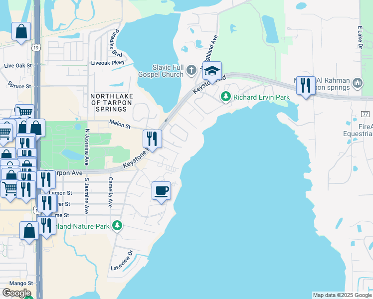 map of restaurants, bars, coffee shops, grocery stores, and more near 1465 Meyer Lane in Tarpon Springs