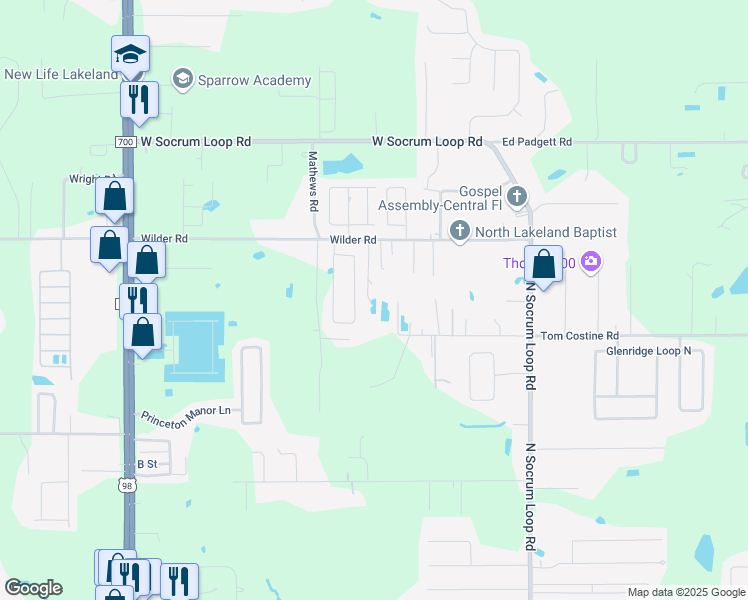 map of restaurants, bars, coffee shops, grocery stores, and more near 514 Wilder Road in Lakeland
