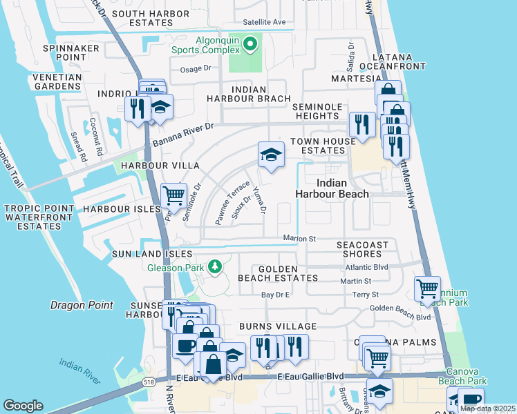 map of restaurants, bars, coffee shops, grocery stores, and more near 30 Sioux Court in Satellite Beach