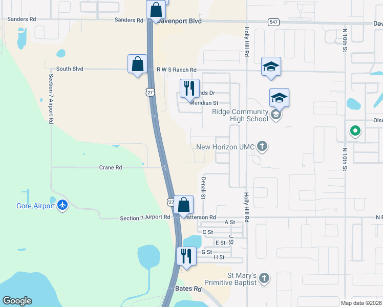 map of restaurants, bars, coffee shops, grocery stores, and more near 1160 Catskill Drive in Haines City