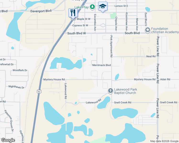 map of restaurants, bars, coffee shops, grocery stores, and more near 606 Mystery House Road in Davenport