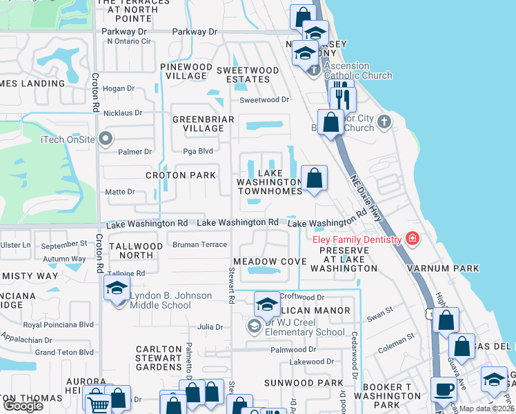 map of restaurants, bars, coffee shops, grocery stores, and more near 1844 Clover Circle in Melbourne