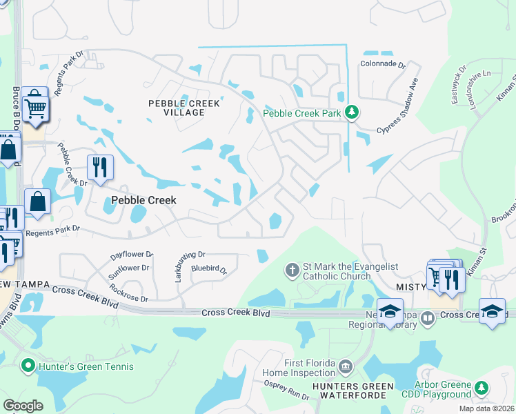 map of restaurants, bars, coffee shops, grocery stores, and more near 18308 Big Pond Way in Tampa