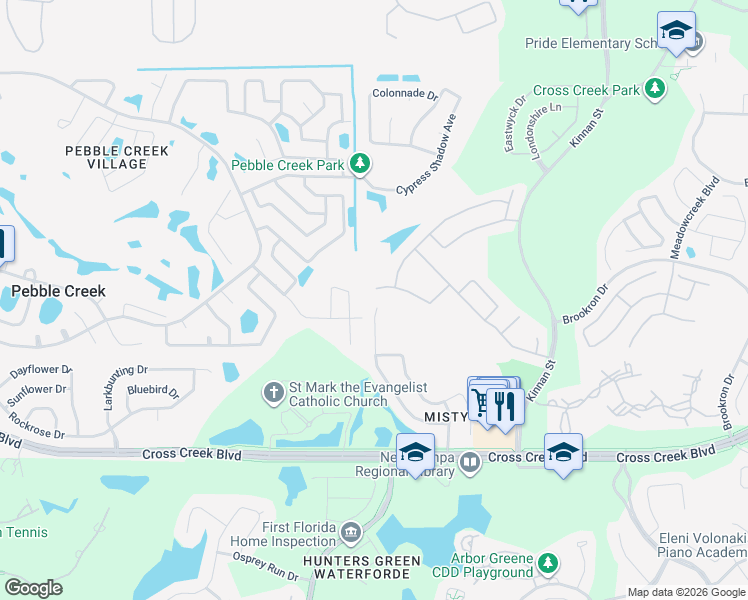map of restaurants, bars, coffee shops, grocery stores, and more near 18215 Sweet Jasmine Drive in Tampa