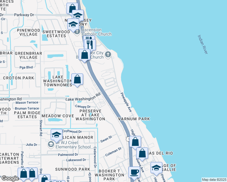 map of restaurants, bars, coffee shops, grocery stores, and more near 1075 Sea Grape Drive in Melbourne