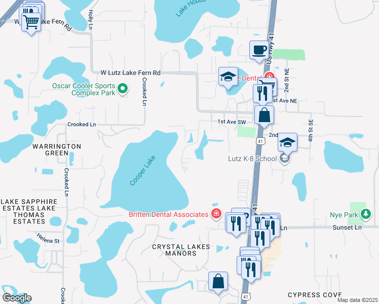 map of restaurants, bars, coffee shops, grocery stores, and more near 18847 5th Street Southwest in Lutz
