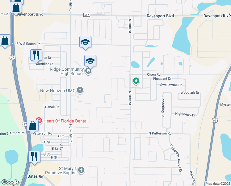 map of restaurants, bars, coffee shops, grocery stores, and more near 361 Willet Street in Haines City