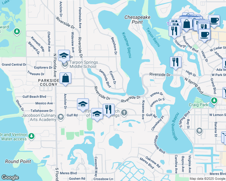 map of restaurants, bars, coffee shops, grocery stores, and more near 622 Riverside Drive in Tarpon Springs