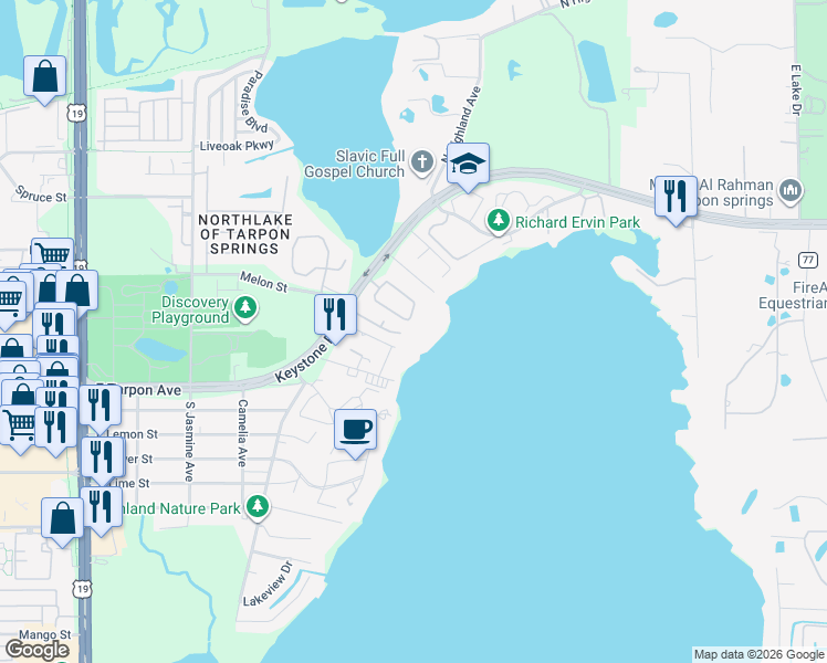map of restaurants, bars, coffee shops, grocery stores, and more near 1465 Meyer Lane in Tarpon Springs