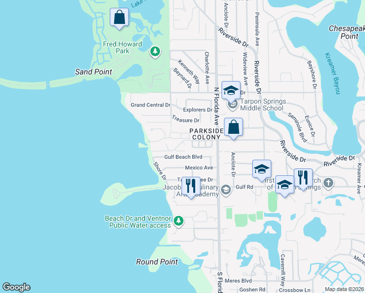map of restaurants, bars, coffee shops, grocery stores, and more near 1808 Gulf Beach Boulevard in Tarpon Springs