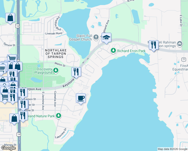 map of restaurants, bars, coffee shops, grocery stores, and more near 1465 Meyer Lane in Tarpon Springs