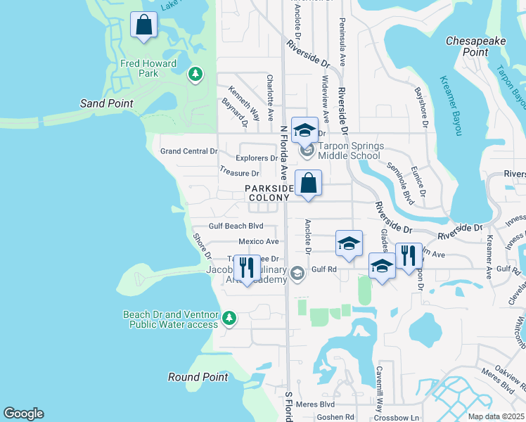 map of restaurants, bars, coffee shops, grocery stores, and more near 1612 Gulf Beach Boulevard in Tarpon Springs