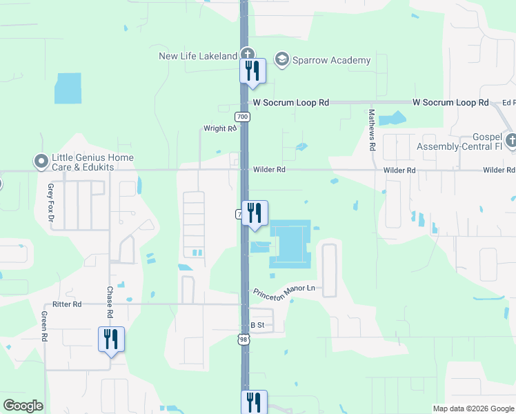 map of restaurants, bars, coffee shops, grocery stores, and more near 8201 US Highway 98 North in Lakeland