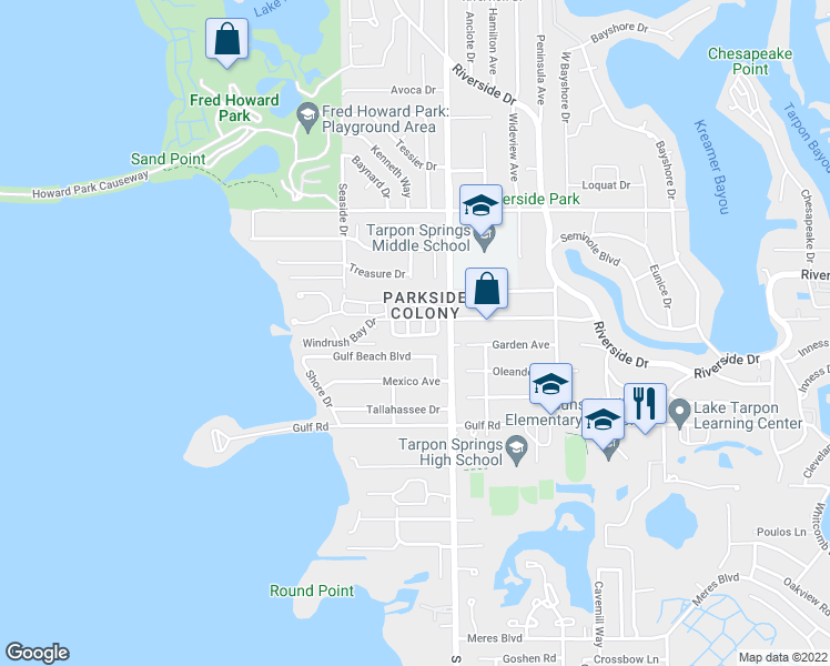 map of restaurants, bars, coffee shops, grocery stores, and more near 18 Windrush Bay Drive in Tarpon Springs