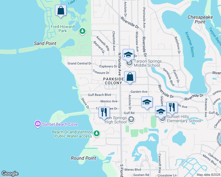 map of restaurants, bars, coffee shops, grocery stores, and more near 17 Windrush Bay Drive in Tarpon Springs