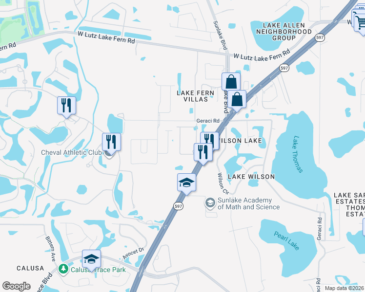 map of restaurants, bars, coffee shops, grocery stores, and more near 18707 Noble Caspian Drive in Lutz