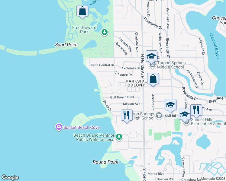 map of restaurants, bars, coffee shops, grocery stores, and more near 1808 Gulf Beach Boulevard in Tarpon Springs