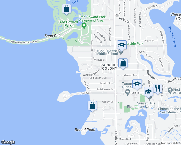 map of restaurants, bars, coffee shops, grocery stores, and more near 645 Windrush Bay Drive in Tarpon Springs