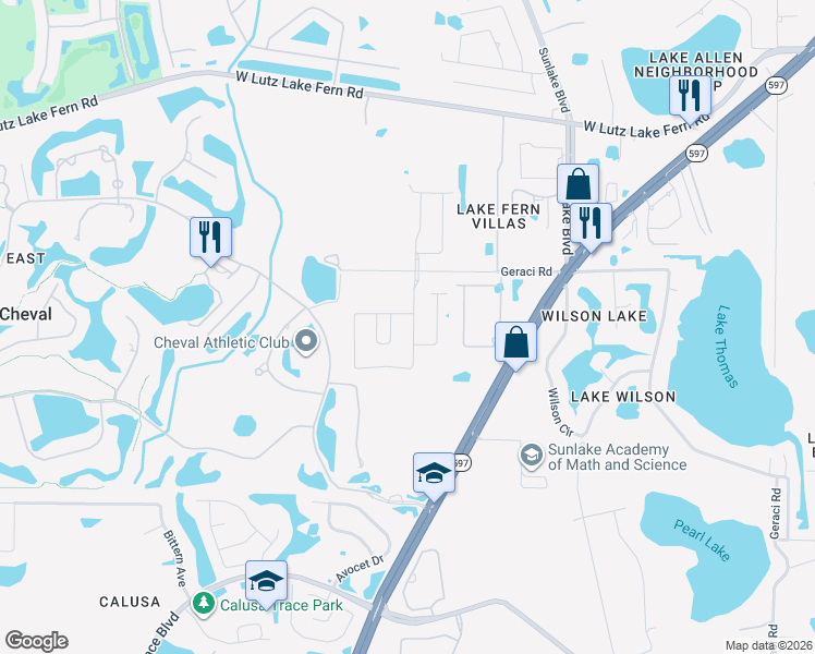 map of restaurants, bars, coffee shops, grocery stores, and more near 18825 Cherry Birch Circle in Lutz