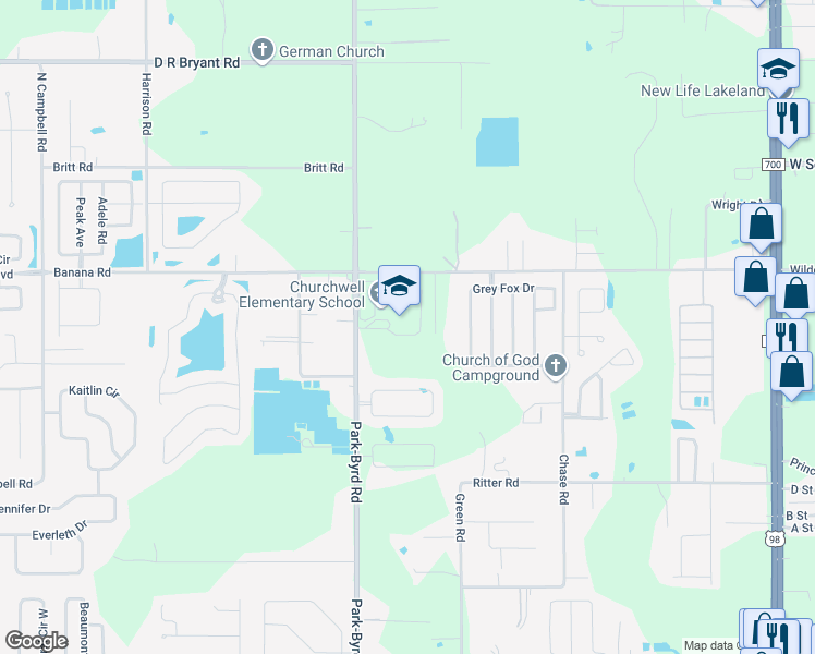 map of restaurants, bars, coffee shops, grocery stores, and more near 8201 Park-Byrd Road in Lakeland