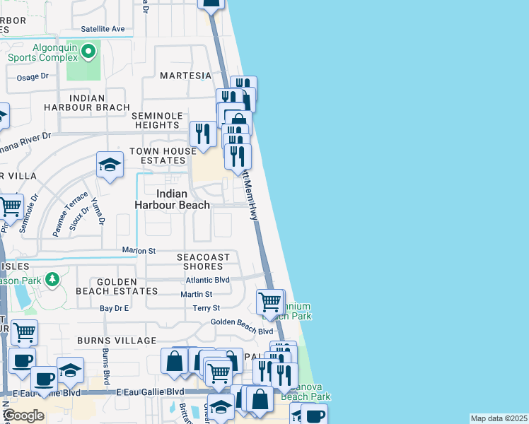 map of restaurants, bars, coffee shops, grocery stores, and more near 503 Florida A1A in Indian Harbour Beach
