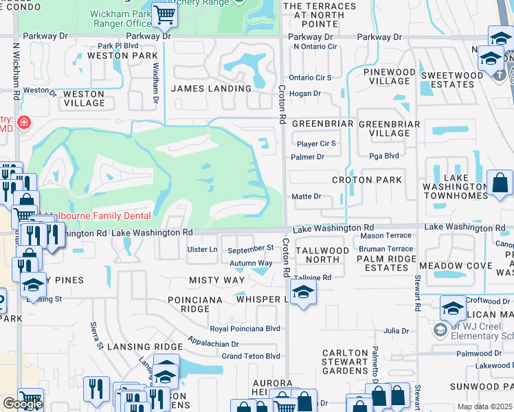 map of restaurants, bars, coffee shops, grocery stores, and more near 2470 Croton Road in Melbourne