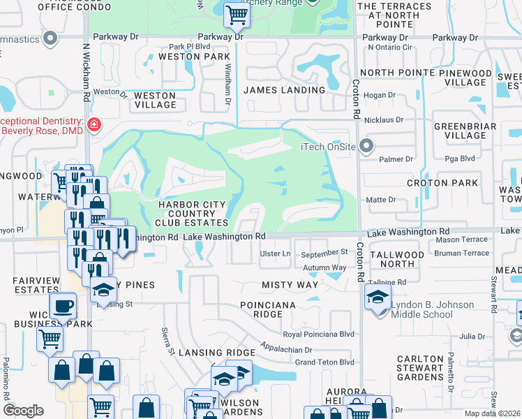 map of restaurants, bars, coffee shops, grocery stores, and more near 2601 Sand Trap Lane in Melbourne