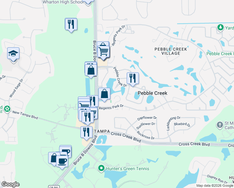 map of restaurants, bars, coffee shops, grocery stores, and more near 18405 Aintree Court in Tampa