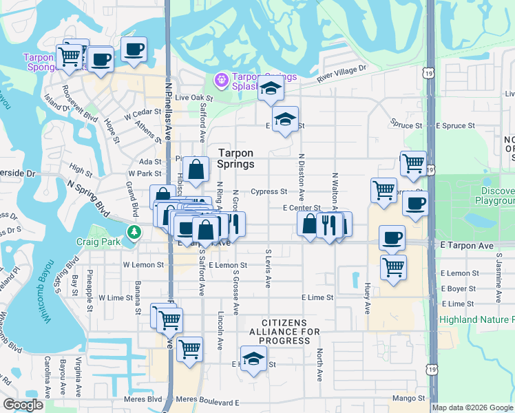 map of restaurants, bars, coffee shops, grocery stores, and more near 112 North Levis Avenue in Tarpon Springs