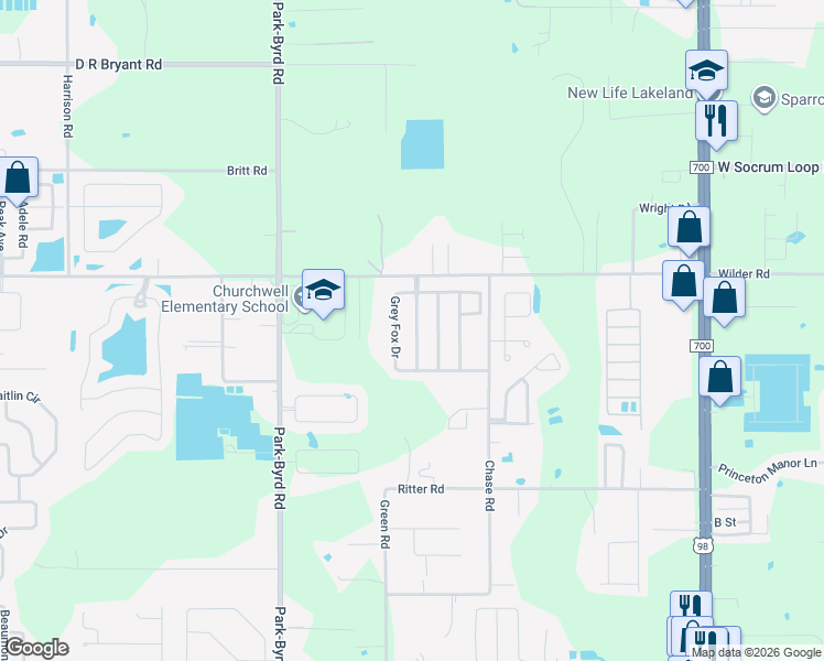 map of restaurants, bars, coffee shops, grocery stores, and more near 1773 Grey Fox Drive in Lakeland