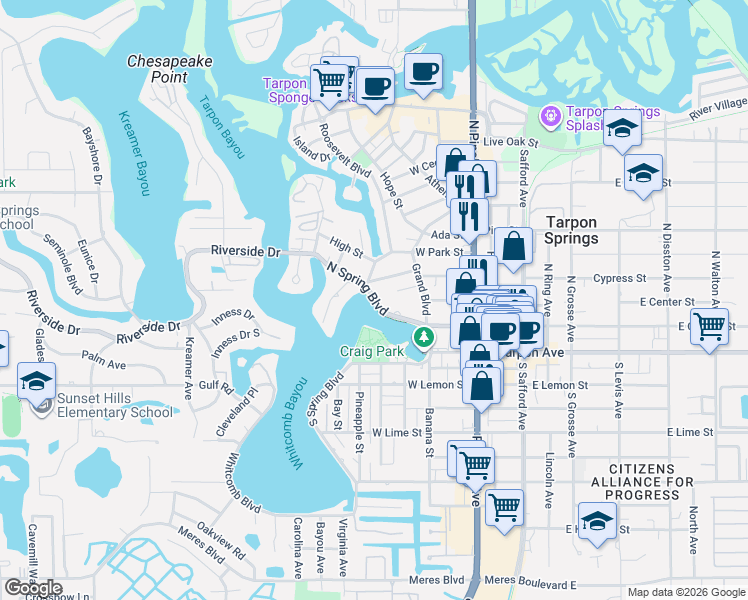 map of restaurants, bars, coffee shops, grocery stores, and more near 745 Talon Boulevard in Tarpon Springs