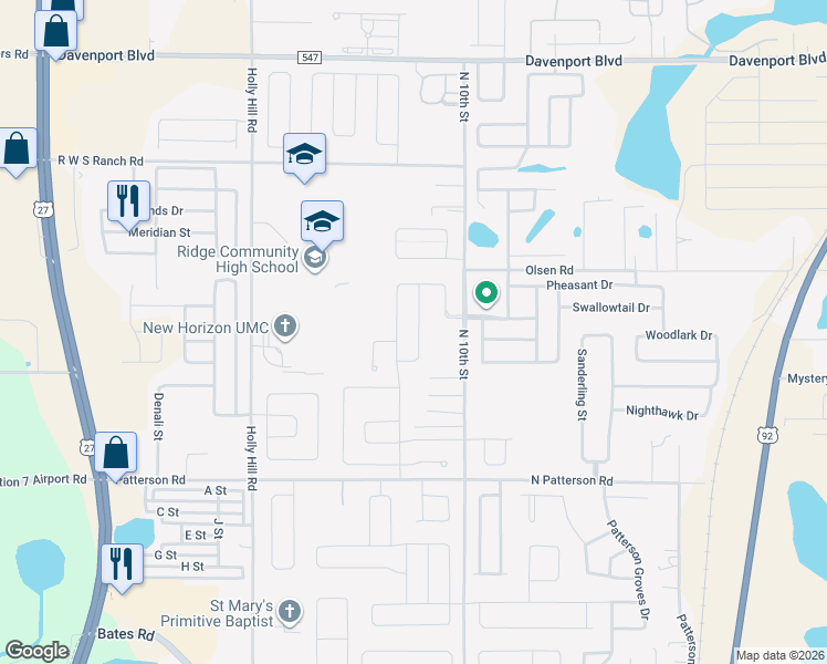 map of restaurants, bars, coffee shops, grocery stores, and more near 341 Willet Street in Haines City