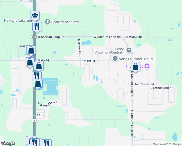 map of restaurants, bars, coffee shops, grocery stores, and more near 514 Wilder Road in Lakeland
