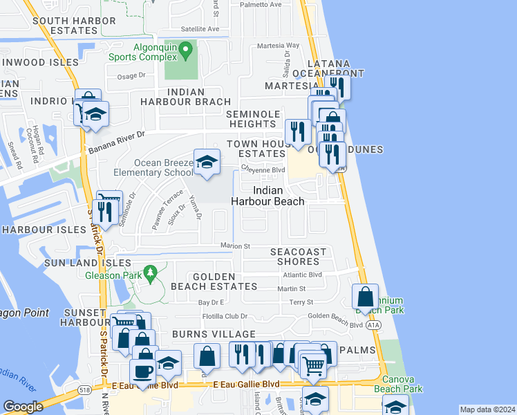 map of restaurants, bars, coffee shops, grocery stores, and more near 547 Biscayne Drive in Satellite Beach