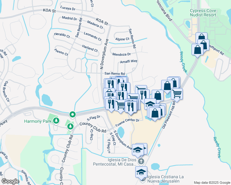 map of restaurants, bars, coffee shops, grocery stores, and more near 751 Cypress Parkway in Kissimmee