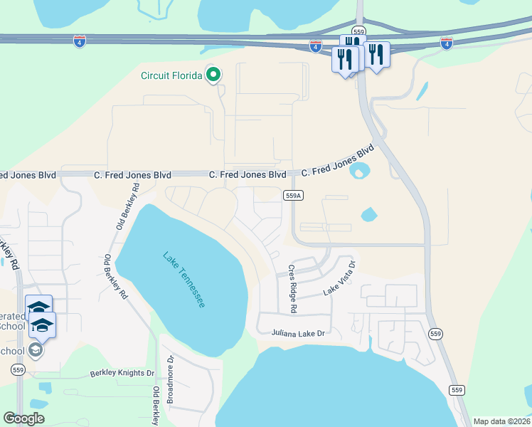 map of restaurants, bars, coffee shops, grocery stores, and more near 240-406 County Road 559A in Auburndale