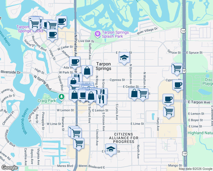 map of restaurants, bars, coffee shops, grocery stores, and more near 422 Cypress Street in Tarpon Springs