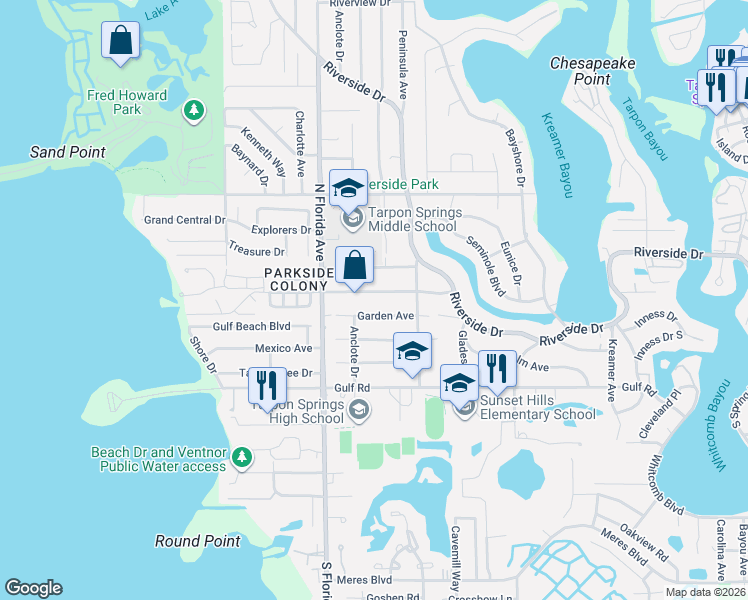 map of restaurants, bars, coffee shops, grocery stores, and more near 1412 Poinsettia Avenue in Tarpon Springs