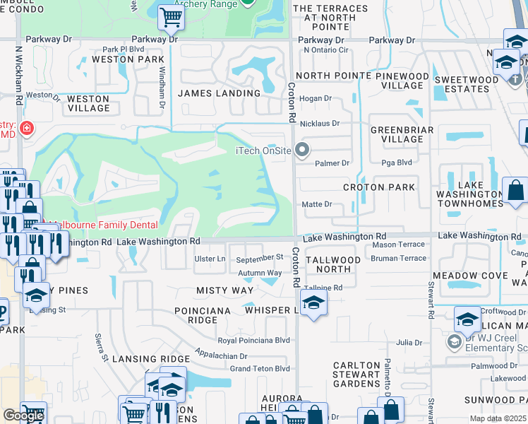 map of restaurants, bars, coffee shops, grocery stores, and more near 1413 Golf Isle Drive in Melbourne