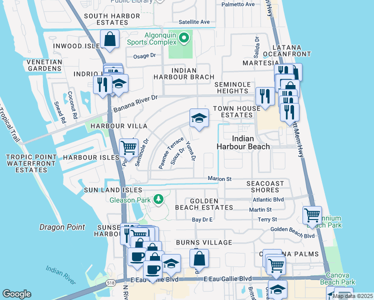 map of restaurants, bars, coffee shops, grocery stores, and more near 1101 Pawnee Terrace in Satellite Beach