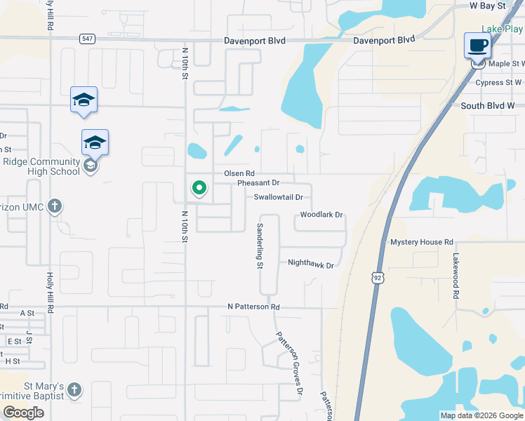 map of restaurants, bars, coffee shops, grocery stores, and more near 630 Swallowtail Drive in Haines City