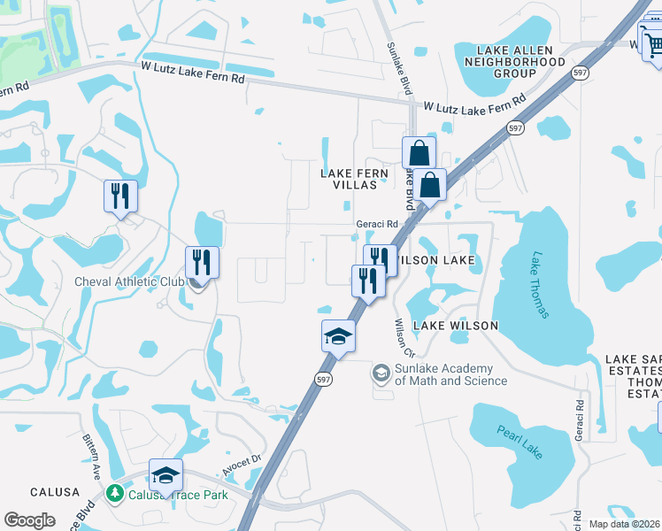 map of restaurants, bars, coffee shops, grocery stores, and more near 18609 Noble Caspian Drive in Lutz