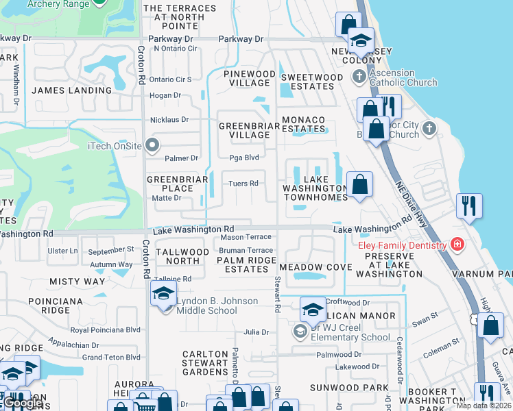map of restaurants, bars, coffee shops, grocery stores, and more near 1628 West Shores Road in Melbourne