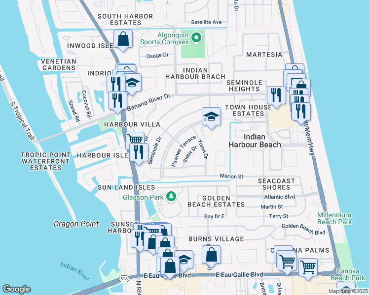 map of restaurants, bars, coffee shops, grocery stores, and more near 1127 Cheyenne Drive in Indian Harbour Beach